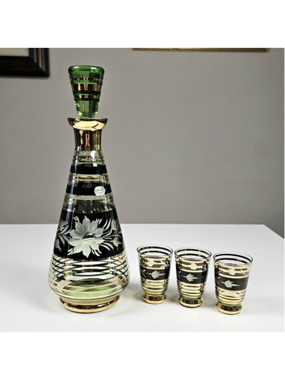 MCM Bohemian Green Glass Decanter & 22K Gold Stripe Floral Etched Cordial Set
